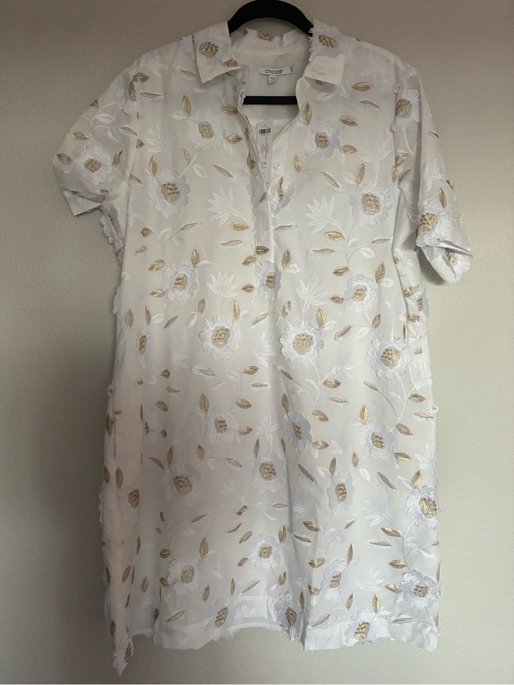 Chico's White Embroidered Floral Shirt Dress. Size 2.5
